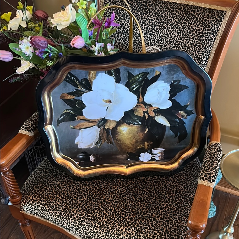 Large Black and Gold Tray with Magnolias in Brass Cachepot